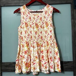 Rose & Olive Smocked Floral Sleeveless Blouse Pink & Yellow Peplum Medium Fairy